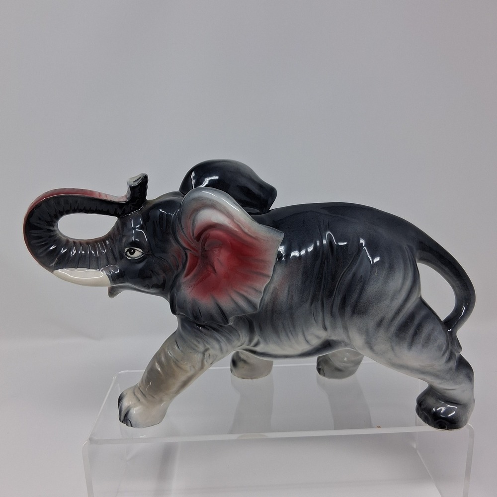 Elephant Figurine Vintage Japan Ceramic Gray‎ Pink High Gloss Trunk Up 10 Inch